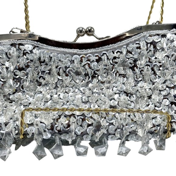Silver Beaded Sequins Kiss Lock Formal Evening Bag - Picture 9 of 10